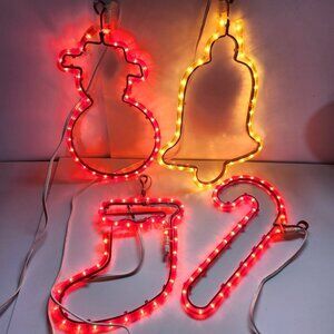 Christmas Rope Tube Lights Set of 4 Candy Cane Bell Snowman Christmas Stocking